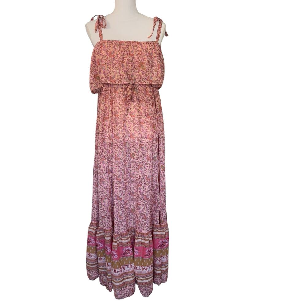 Free People Pink Paisley Boho Maxi Dress Size Large Tie Strap Flowy Cottagecore